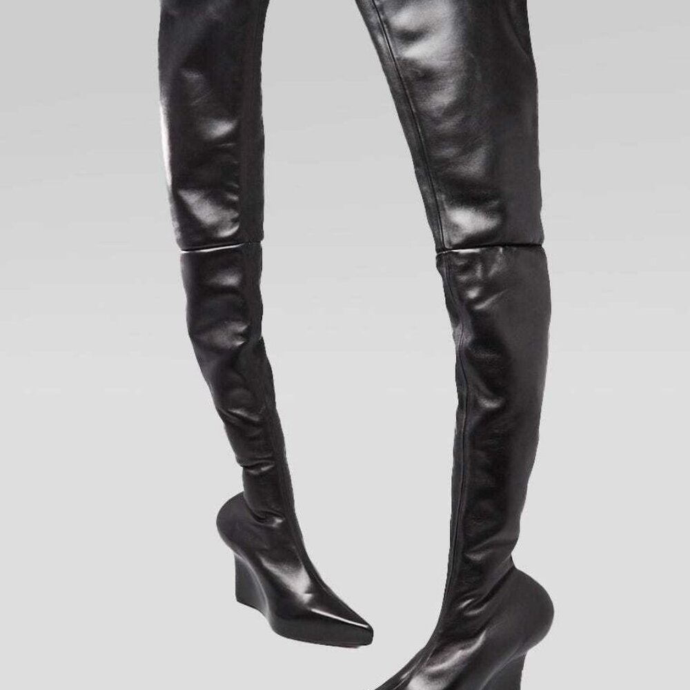 Givenchy Black Leather Stretch Over The Knee Wedge Boots Size 6.5/37 - Picture 5 of 5